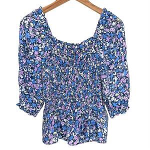 Nanette Lepore Blue Floral Smocked Peasant Blouse Size Small